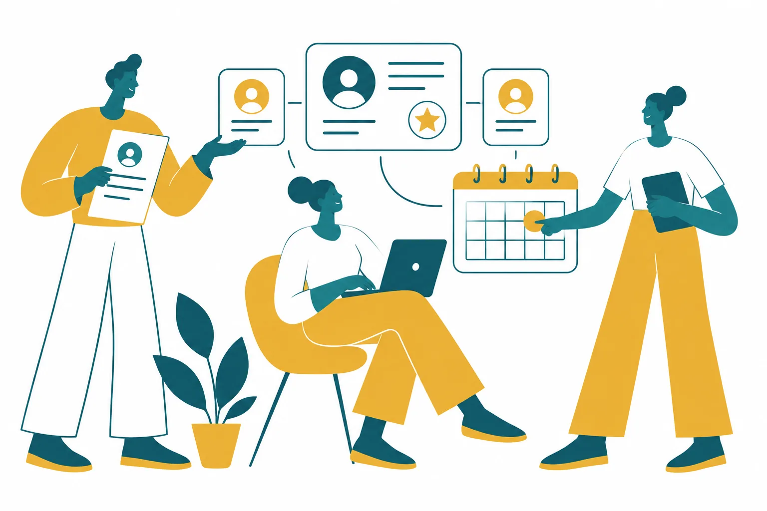 Tres profesionales coordinan contactos, propuestas y calendario de servicios.